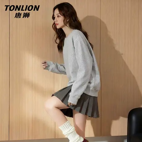唐狮官方灰色圆领卫衣女2026春秋新款女士休闲宽松无帽套头上衣VB图片
