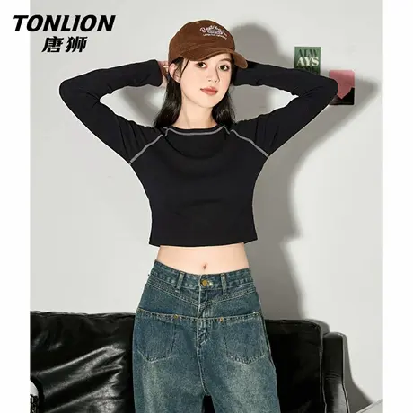 唐狮官方黑色长袖t恤女2026新款春秋款女士短款修身内搭上衣女VB商品大图