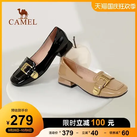 骆驼女鞋2023年秋季新款浅口方头真皮小皮鞋女粗跟乐福鞋女单鞋图片
