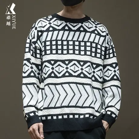 希越元宝针8针重磅针织毛衣男秋季宽松大码拼接日系圆领青年打底商品大图