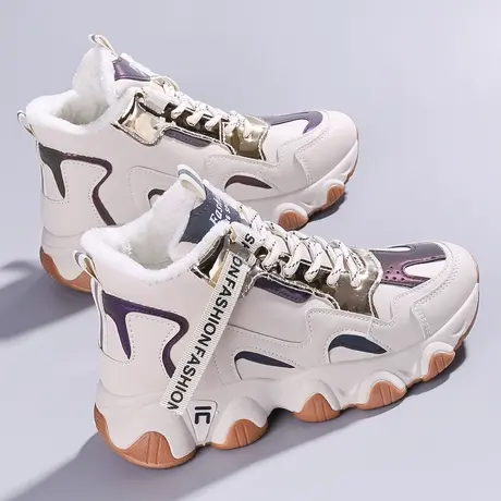 加绒运动鞋女2023冬季新款学生高帮加厚棉鞋防寒防水休闲老爹鞋女图片