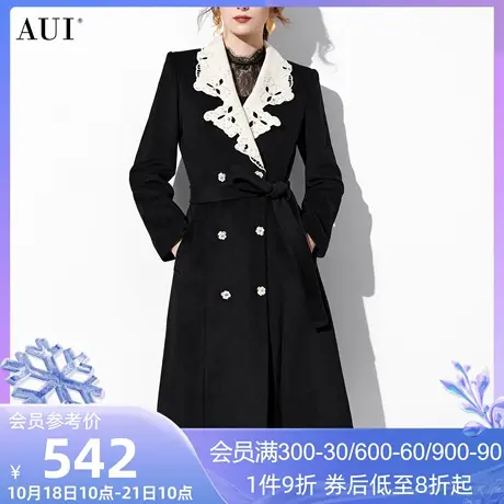 AUI黑色气质双排扣毛呢外套女冬2023新款设计感撞色长款呢子大衣商品大图