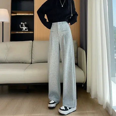 加绒窄版阔腿西装裤女2023新款高腰显瘦宽松直筒垂感休闲拖地裤子商品大图