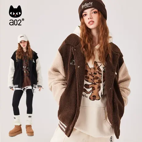 a02美拉德绣花单排扣2023冬季撞色拼接潮酷棒球服仿羊羔毛外套商品大图