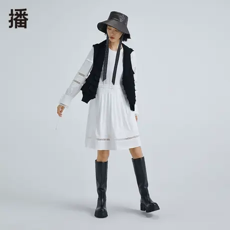 播春季新款圆领套头镂空绣拼接飘带装饰连衣裙女BDO1LD0406图片