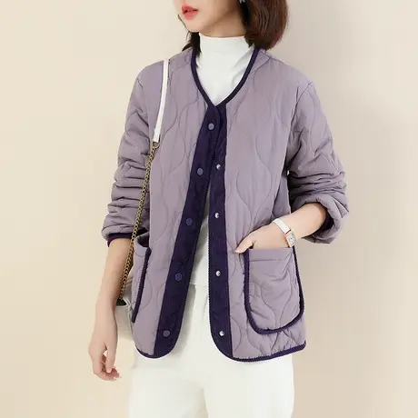 新品8.5折】气质v领撞色棉服外套女显瘦保暖轻便棉衣棉袄商品大图