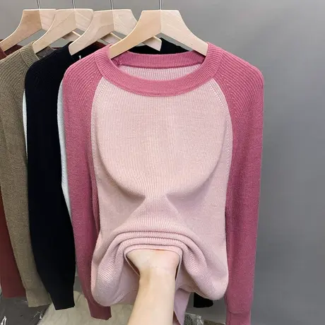 圆领毛衣女拼色打底衫2023秋冬新款套头外穿针织衫洋气内搭上衣潮商品大图