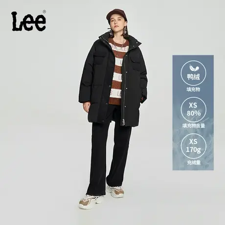 Lee商场同款23秋冬新品舒适版可拆卸连帽中长款毛呢拼接女羽绒服商品大图