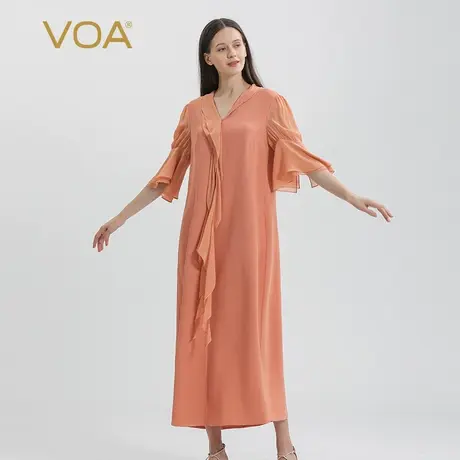 VOA60姆米长空重磅桑蚕丝淡粉色V领立体装饰喇叭五分袖真丝连衣裙图片