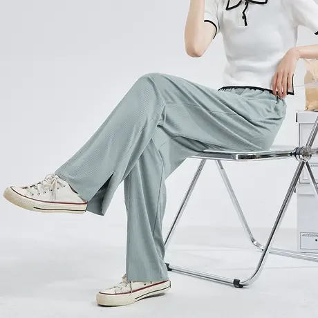 唐狮休闲裤女冰丝开叉阔腿春夏新款裤子垂感薄款女灰色高腰裤潮图片