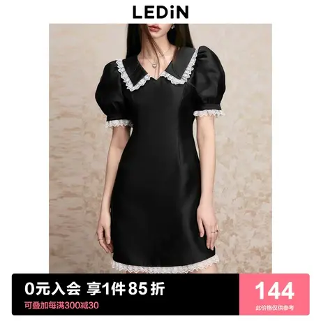 乐町修身翻领连衣裙2023年夏季收腰黑色短袖裙缎面质感连衣裙图片