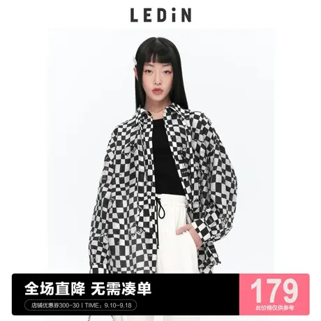 乐町潮酷棋盘格衬衫2023秋季新款长款上衣C1CAC2102图片