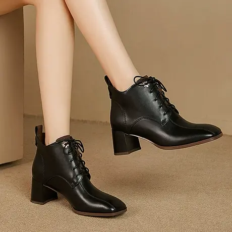 真皮小裸靴秋冬新款方头系带粗跟短靴英伦风靴子中跟女鞋气质商品大图