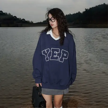 YEP美式复古polo领卫衣女春秋2023新款宽松设计感小众假两件上衣图片