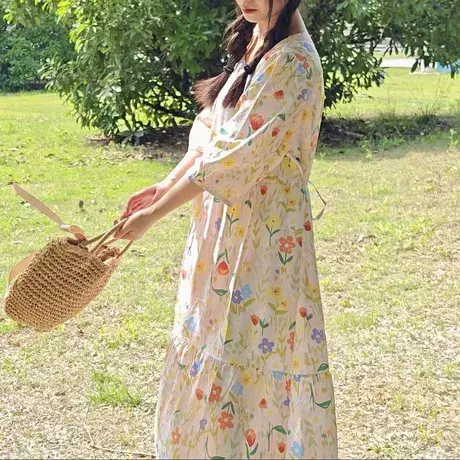 2023新款女绵绸连衣裙春夏秋季可外穿宽松蛋糕裙长裙大码时尚中袖图片