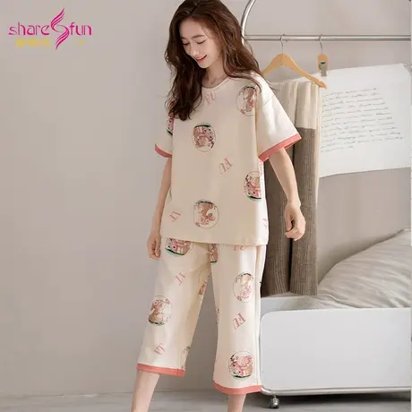 sharefun/霞黛芳全棉卡通短袖七分裤家居服女可外穿宽松睡衣套装商品大图