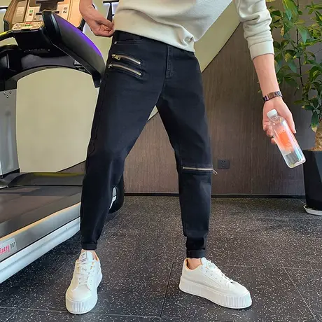 牛仔裤男秋季2023新款个性拉链装饰网红设计感潮男痞帅小脚休闲裤商品大图