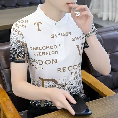 夏季Polo衫男短袖t恤立领半袖上衣潮牌大码2023新款男装体恤男款商品大图