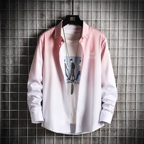 2023新款渐变色衬衫春季男上衣修身潮流帅气韩版休闲长袖衬衣外套商品大图