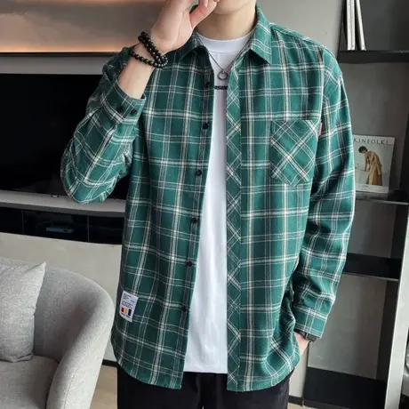 男士长袖衬衫韩版修身潮流帅气学生休闲格子衬衣秋季薄款上衣外套商品大图