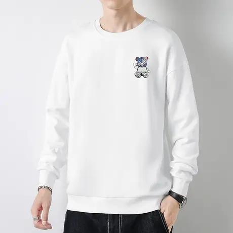 小熊卫衣男春秋款宽松潮流百搭套头无帽白色上衣加绒圆领长袖t恤商品大图