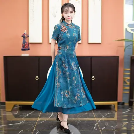 筠雅改良旗袍裙女夏款新款连衣裙女收腰显瘦开叉中国风裙子图片