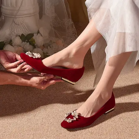 爱丽拉红色平底婚鞋女2024新款春季方头新娘秀禾鞋孕妇可穿不累脚商品大图