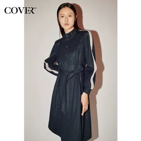 COVER冬季撞色拼接捏褶收腰连衣裙图片
