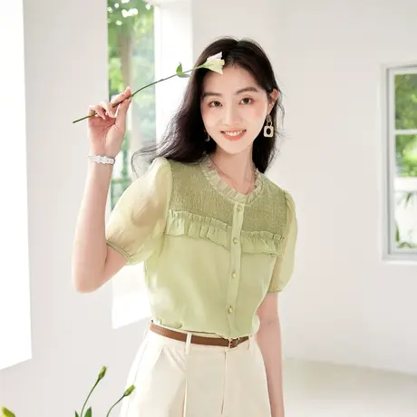 时尚气质天丝短袖衬衫2023年夏季新款淑女温柔甜美显瘦通勤上衣商品大图