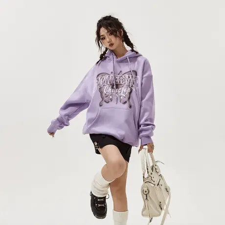 YEP美式复古紫罗兰蝴蝶连帽卫衣女春秋2024新款上衣宽松潮牌外套商品大图