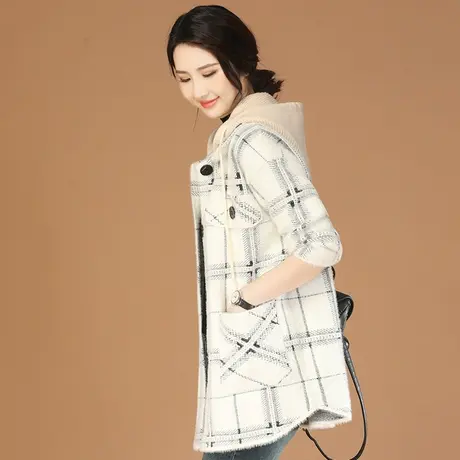 韩潮袭人连帽格子加厚毛呢外套女2023冬季新款宽松显瘦中长款夹克图片