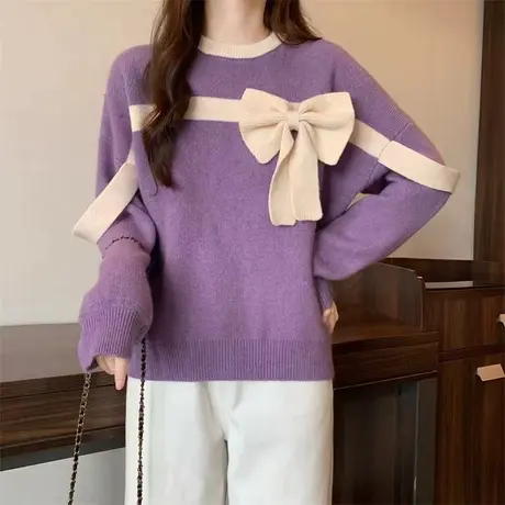 秋季慵懒风紫色蝴蝶结短款麻花毛衣女春秋外搭爆款洋气针织衫上衣图片
