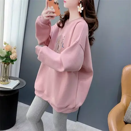 韩版字母印花加绒圆领卫衣女秋冬2023年新款宽松甜美洋气减龄上衣商品大图