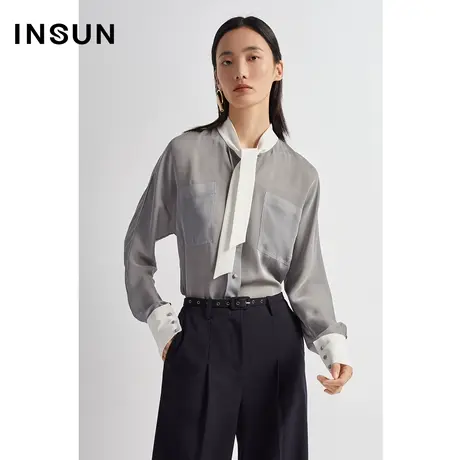 INSUN恩裳秋季飘带撞色抗皱轻薄衬衫图片