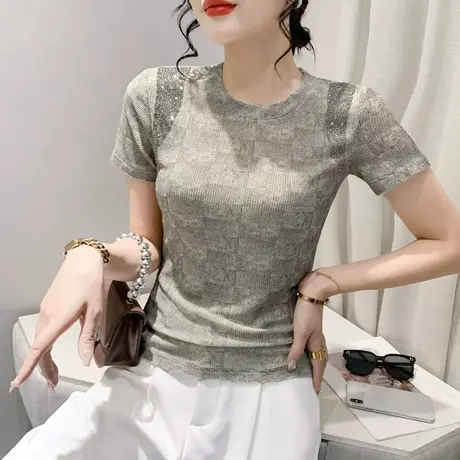 设计感烫钻短袖T恤女2024新款圆领网纱上衣洋气修身显瘦小衫夏装商品大图