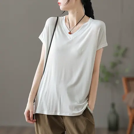 dza 复古纯色宽松V领短袖t恤女夏季2022新款漂亮上衣薄款打底体恤商品大图