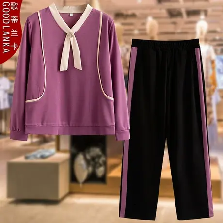 中年胖妈妈秋装时尚休闲两件套大码宽松洋气系带长袖上衣运动套装商品大图