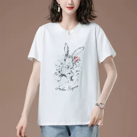 全棉短袖T恤女夏季新款加肥加大码女装宽松休闲印花百搭显瘦体恤商品大图