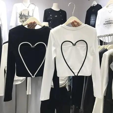 叛逆甜心爱心拼接撞色设计感长袖T恤女2023秋季新款韩版修身上衣商品大图