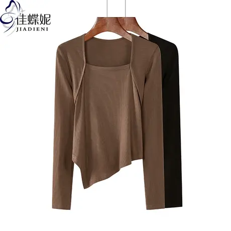 春秋季新款韩版纯棉修身显瘦方领短款不规则长袖体恤上衣内搭女商品大图