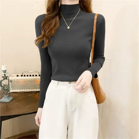 2024新款春秋冬半高领加绒洋气黑色打底衫内搭德绒长袖t恤女上衣图片