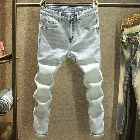浅色秋季新款牛仔裤男百搭小直筒弹力长裤潮牌复古水洗高端男裤子图片