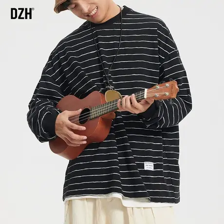 男士黑色条纹t恤男长袖纯棉无帽卫衣宽松上衣秋季圆领打底衫内搭商品大图