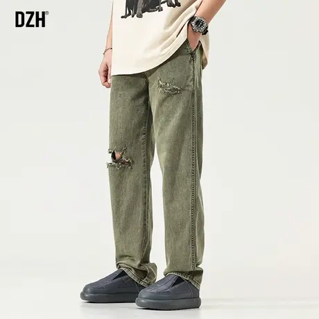 男士绿色牛仔裤男宽松直筒破洞休闲裤潮牌裤子2023新款纯棉牛子裤商品大图