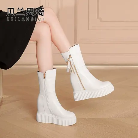 真皮双拉链厚底内增高中筒靴女秋冬季加绒防水台坡跟高马丁靴图片