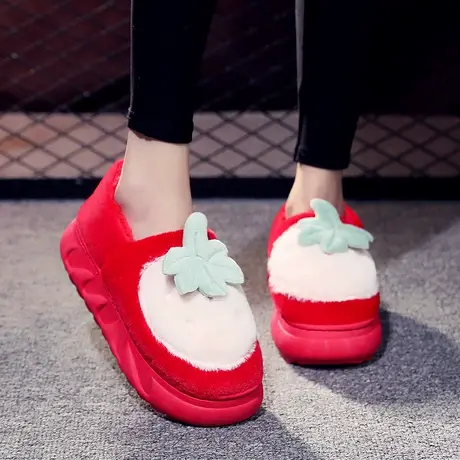 冬季可爱草莓包跟棉拖鞋女松糕厚底高跟居家室内毛绒保暖月子棉鞋商品大图