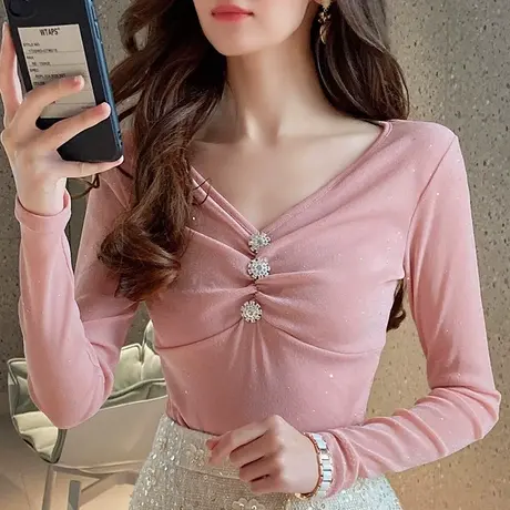 粉红大布娃娃V领纯色修身亮丝上衣钻扣春季新款甜美性感打底衫女商品大图