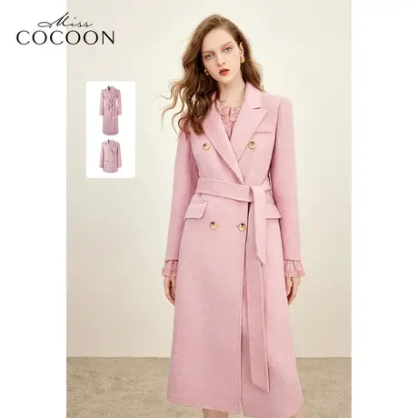 missCOCOON粉色羊毛双面呢大衣女2023冬新款兔毛女士西装毛呢外套商品大图