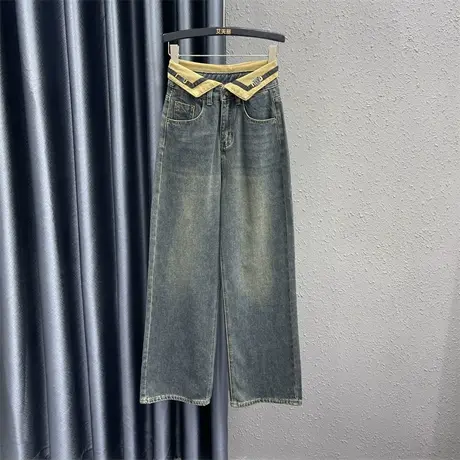 欧货复古牛仔直筒裤女24春季新款个性翻边设计感高腰阔腿拖地长裤商品大图