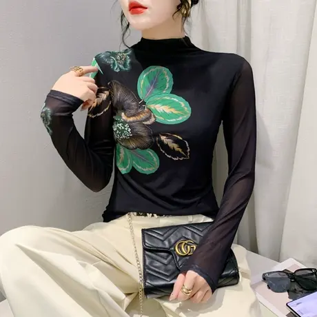 复古植物染半高领秋冬T恤女网纱时尚气质减龄内塔上衣修身打底衫商品大图